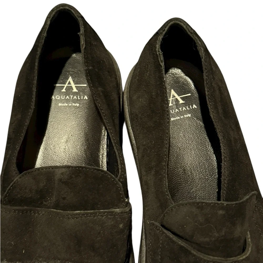 Aquatalia Lorita Genuine Suede Leather Platform Sole Slip-On Loafer Black Sz 6.5